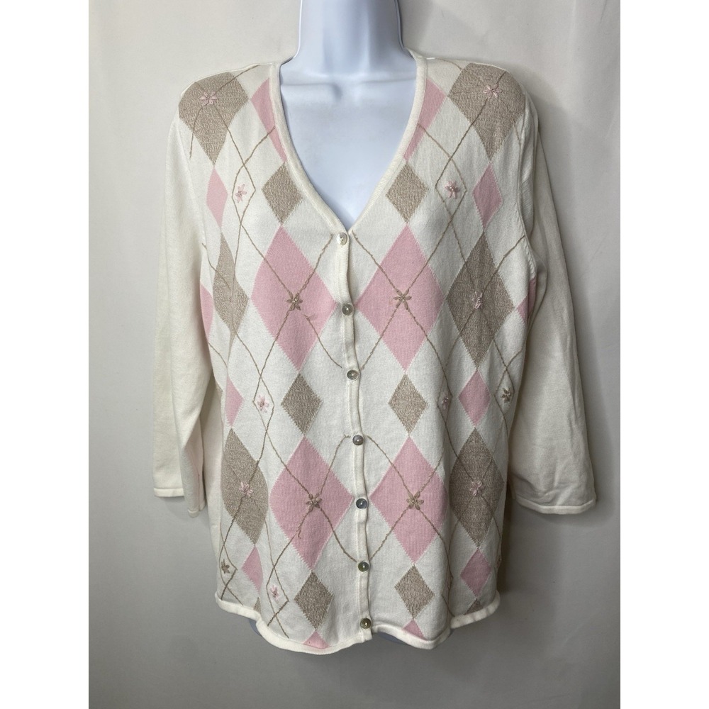 Womens Vintage Argyle Sweater Size Large Cottagecore Coquette Embroidered Girly